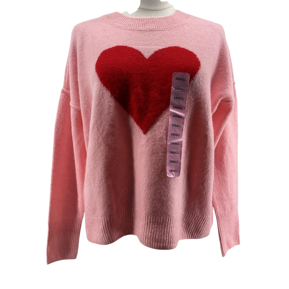 Vince Camuto Sweater Pullover Womens S Pink Heart‎ Graphic Crew Neck Knit